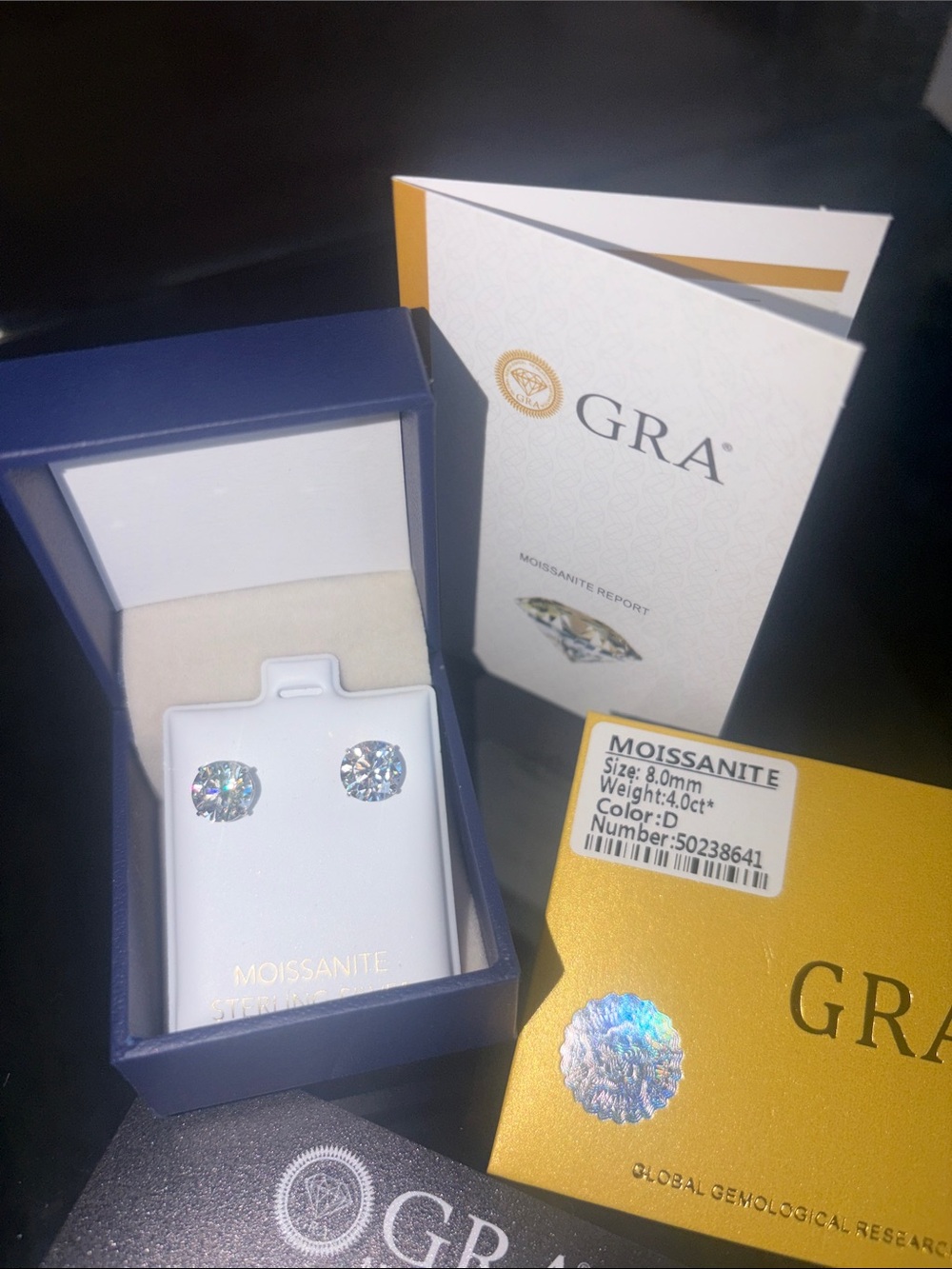 GRA Round Moissanite Stud Earrings in 925 8.0mm) 4ct.